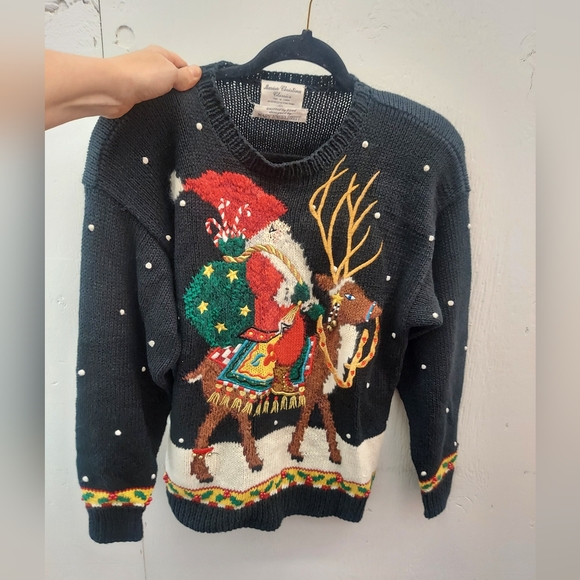 Marisa Christina Classics Vtg Black/Multi Knit Santa Claus & Reindeer Sweater - Picture 12 of 13